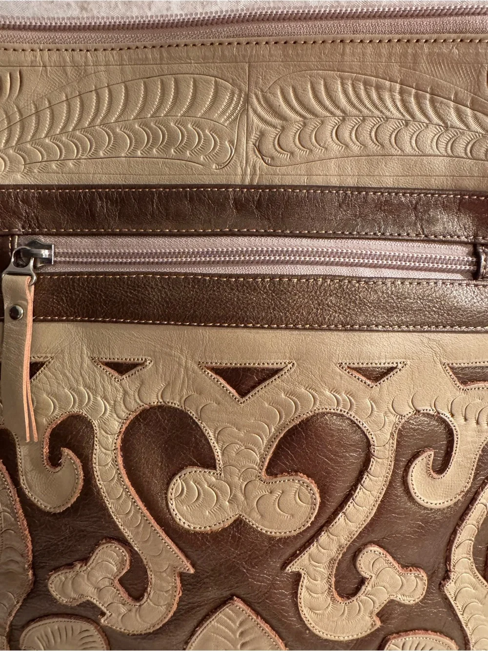 Labrado Leather in Beige and Brown - crossbody Embossed Leather Design - Picture 4 of 15